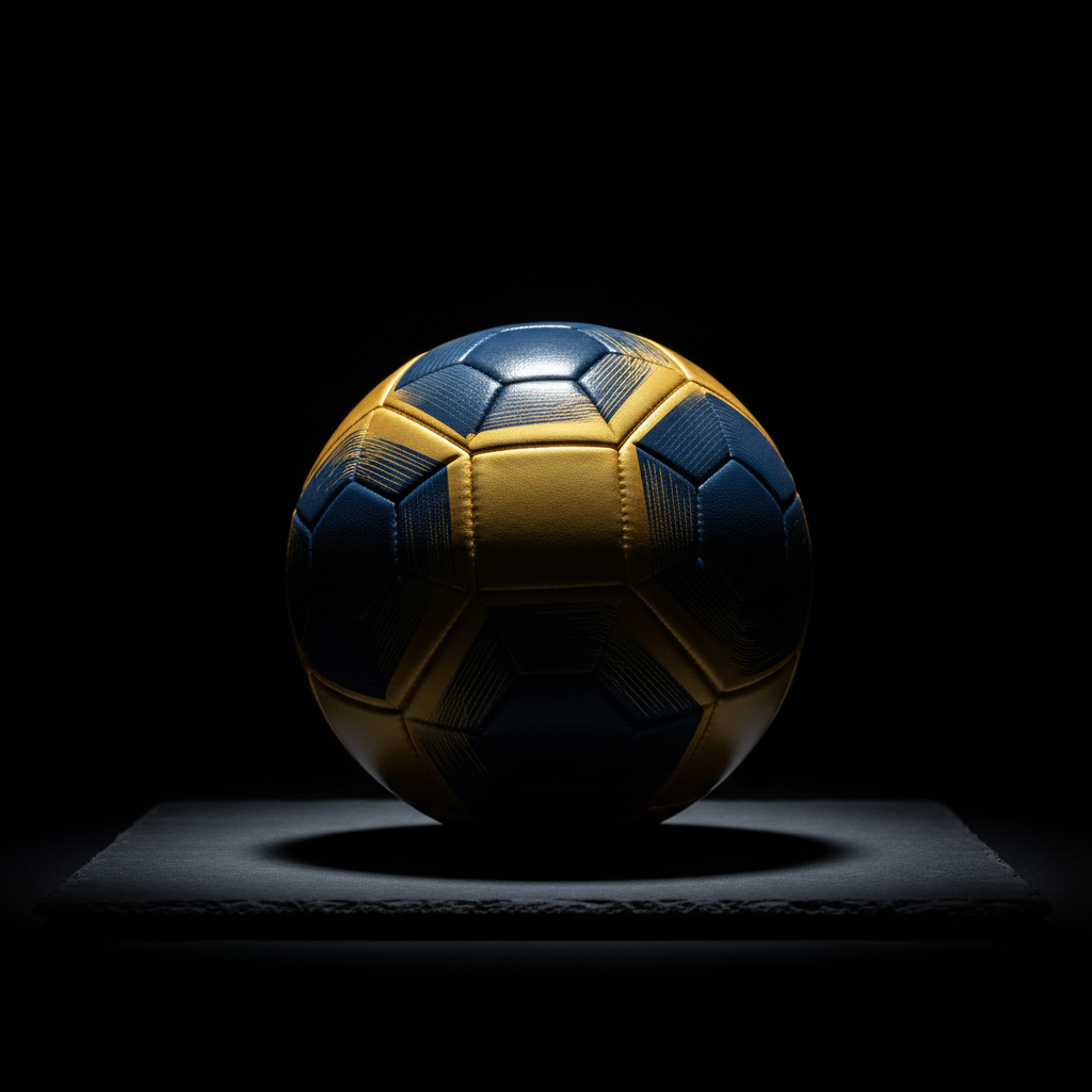 A gleaming, highly detailed soccer ball adorned with bold gold and deep navy accents, its textured panels and subtle reflective finish catching the eye. The ball is placed at the center of a smooth, matte slate platform with no markings, surrounded by a minimalist, shadowy background. Dramatic, high-contrast studio lighting from one side casts a crisp, elongated shadow across the platform, highlighting the ball's curves and intricate seams. The composition is centered and tightly framed, drawing all attention to the ball as the symbol of unified movement and purpose. The mood is bold and empowering, capturing the spirit of transformation and action. Photographic realism with a clean, modern, and powerful aesthetic, perfectly aligning with the sense of lasting legacy and gospel-centered outreach.