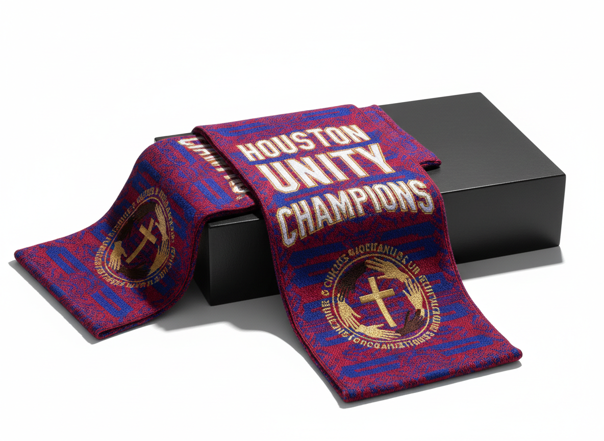 A vibrant red and blue soccer scarf with intricate stitching and bold championship lettering, tightly draped over a matte black display block set on a flawless white backdrop. Each thread and texture is sharply rendered under a single, strong key light from the right, throwing a crisp shadow that adds depth and dimensionality. The clean, minimalist setting ensures the dramatic colors and embroidered details command attention. Captured from an eye-level perspective with razor-sharp focus on the scarf, the mood is celebratory and inspiring, evoking unity among Houston churches and organizations. This photographic realism emphasizes visual power and supports the bold movement for spiritual impact.