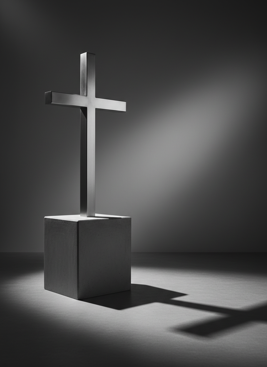 A modern steel cross, sleek and angular with a brushed metallic texture, stands upright against a subtly gradated charcoal background. The cross rests atop a minimalist concrete pedestal, with its lines sharply defined by directional lighting from above and to the left, creating vivid, purposeful shadows that stretch diagonally across the surface. The atmosphere is intentional and focused, exuding strength and resilience. The framing follows a rule of thirds, giving breathing space around the cross to emphasize its significance and allow the shadows to play dynamically. Shot from a slightly lower angle, this photographic image projects a bold, visionary tone, echoing the transformative purpose of gospel outreach during citywide events.