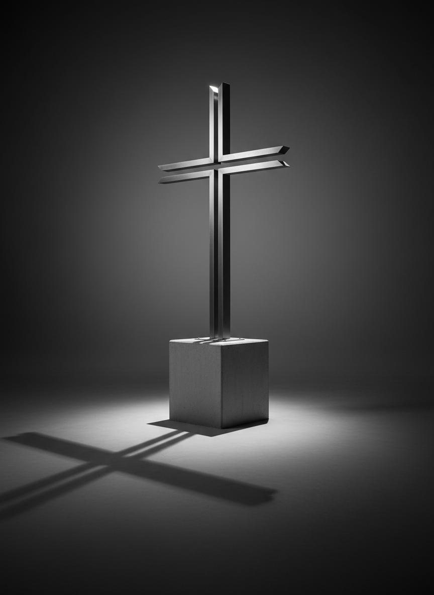 A modern steel cross, sleek and angular with a brushed metallic texture, stands upright against a subtly gradated charcoal background. The cross rests atop a minimalist concrete pedestal, with its lines sharply defined by directional lighting from above and to the left, creating vivid, purposeful shadows that stretch diagonally across the surface. The atmosphere is intentional and focused, exuding strength and resilience. The framing follows a rule of thirds, giving breathing space around the cross to emphasize its significance and allow the shadows to play dynamically. Shot from a slightly lower angle, this photographic image projects a bold, visionary tone, echoing the transformative purpose of gospel outreach during citywide events.