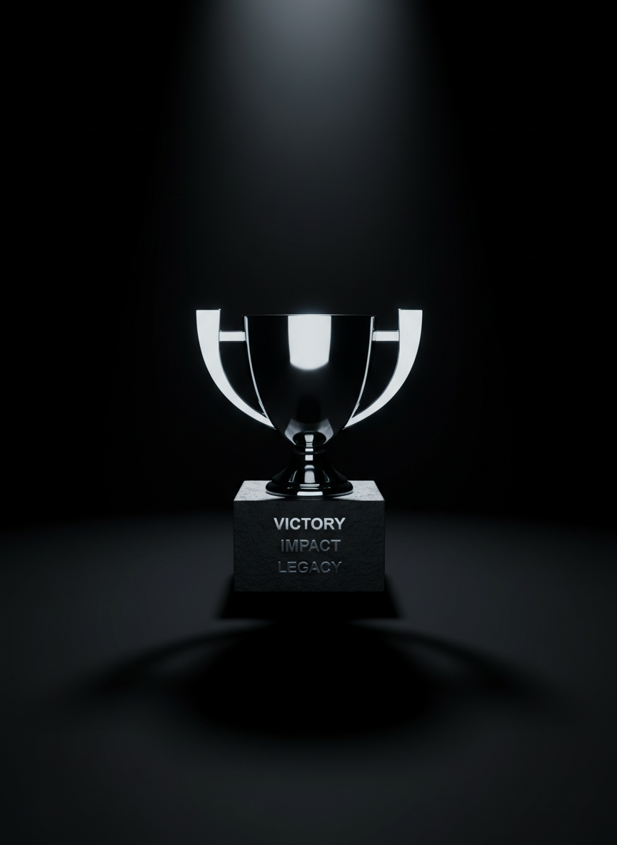 A minimalistic, highly polished trophy cup with bold geometric handles, standing alone on a dark, matte plinth within an endless, deep black void. The sharp, directional lighting from above carves out intense highlights on the reflective metal surface and produces a stark, elongated shadow that roots the trophy in its austere environment. The photographic composition is dramatic and centered, with a low camera angle amplifying the sense of achievement and bold aspiration. Clean lines, supreme focus, and a complete absence of visual distractions reinforce the site's message of victory, impact, and an enduring spiritual legacy through citywide events.
