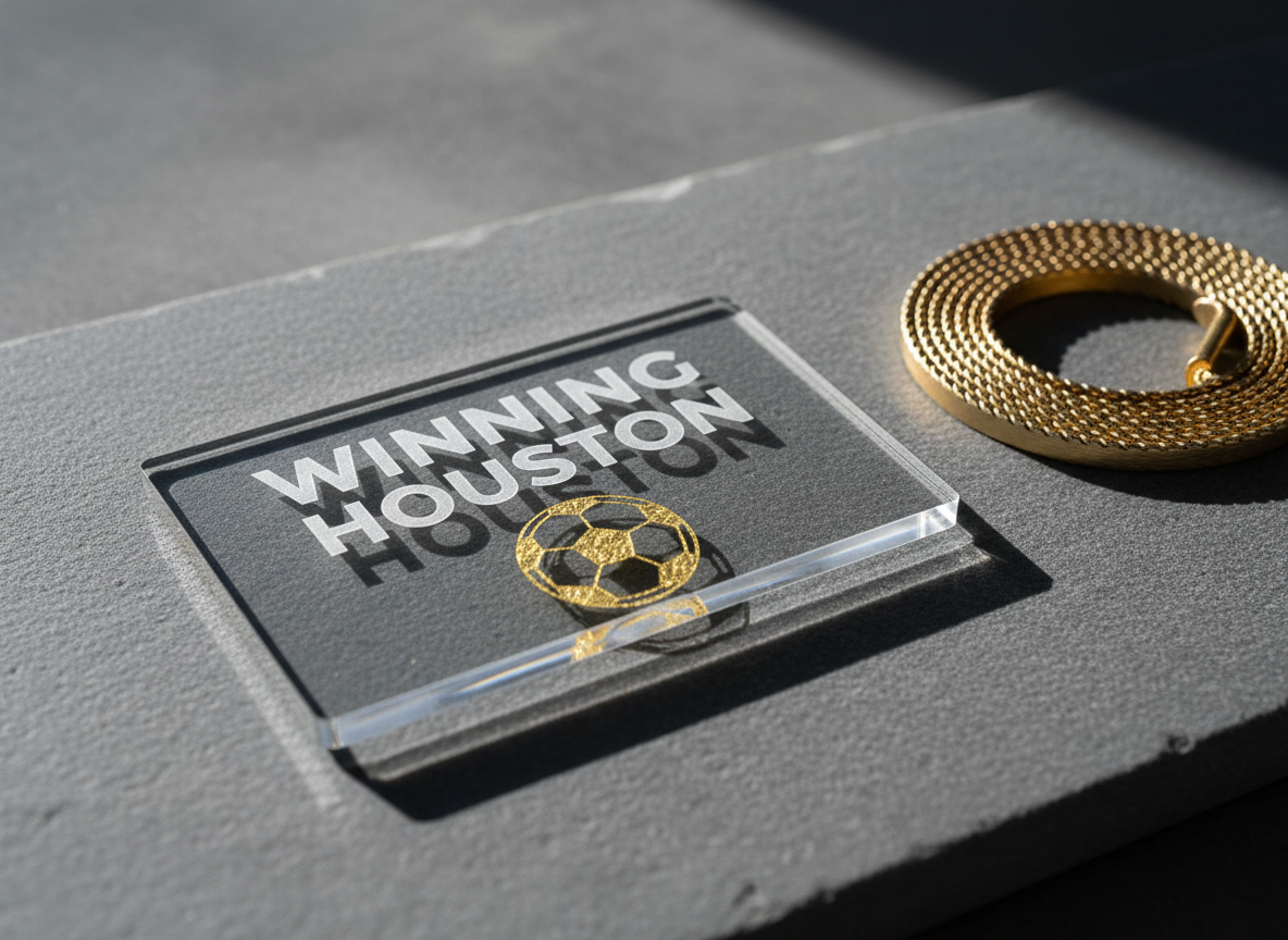A luxe, transparent acrylic event badge engraved with the words 'Winning Houston', featuring a striking, gold-foiled soccer motif at the bottom. The badge lies atop a cool grey, smooth stone slab, with a lone metallic lanyard gently coiled beside it, adding a glint of sophistication. A sharp spotlight from the left illuminates the engraved details while casting clean, defined shadows across the slab, creating an atmosphere of anticipation and professionalism. The badge is placed off-center with a shallow depth of field, lending a sense of exclusivity and modern minimalism. This image captures the excitement of participation and the bold personality central to the site's mission.